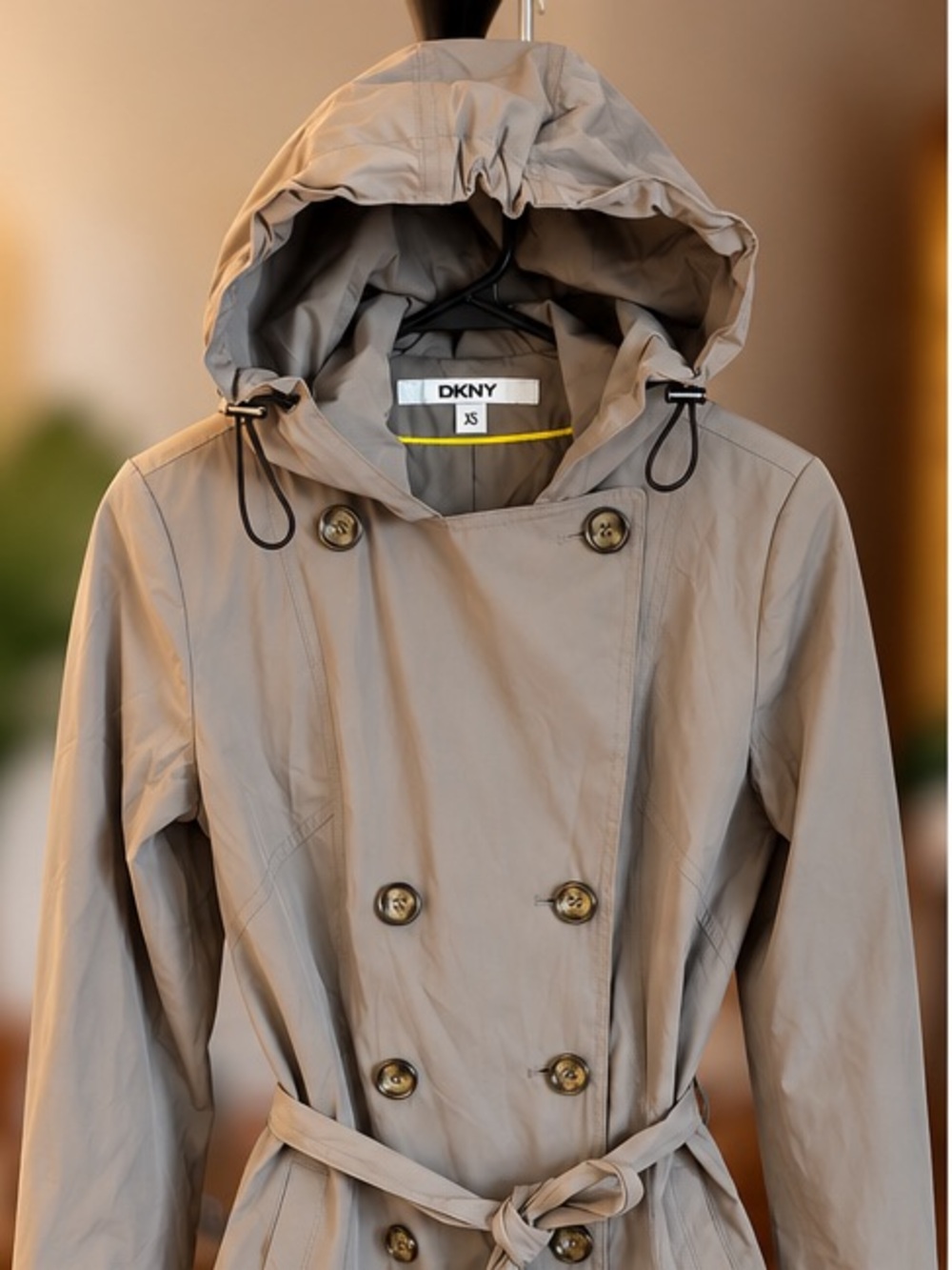 DKNY Beige Double-Breasted Hooded Trench Coat
